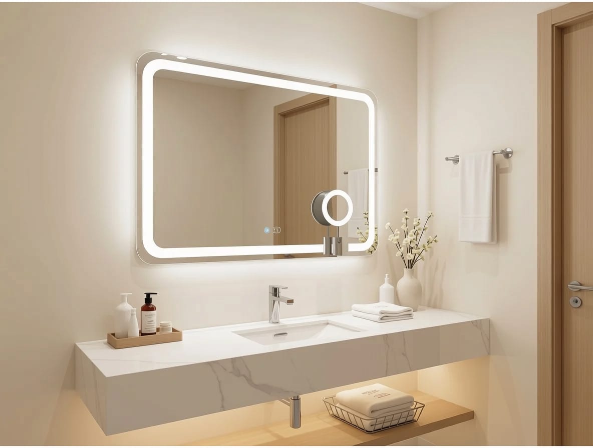 Elegant 2x3 Ft Dimmable Double LED Square Mirror with Touch Sensor | Wall Mounted | Warm White & Gold Light Glow