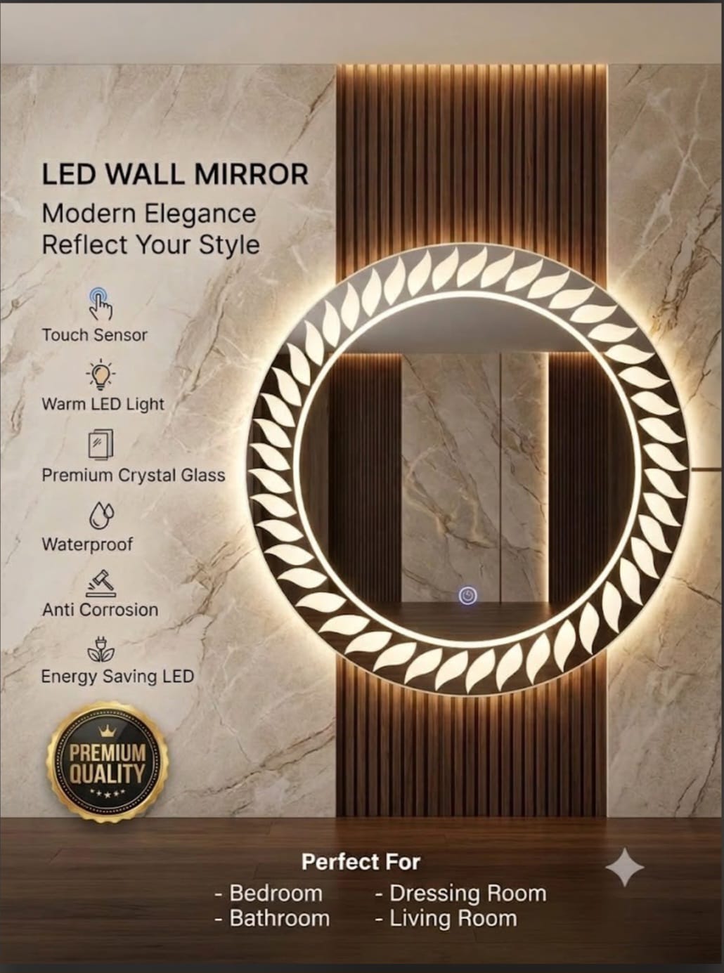 Premium 2x2 Ft Dimmable Double LED Square Mirror with Touch Sensor | Wall Mounted | Warm White & Gold Light Glow