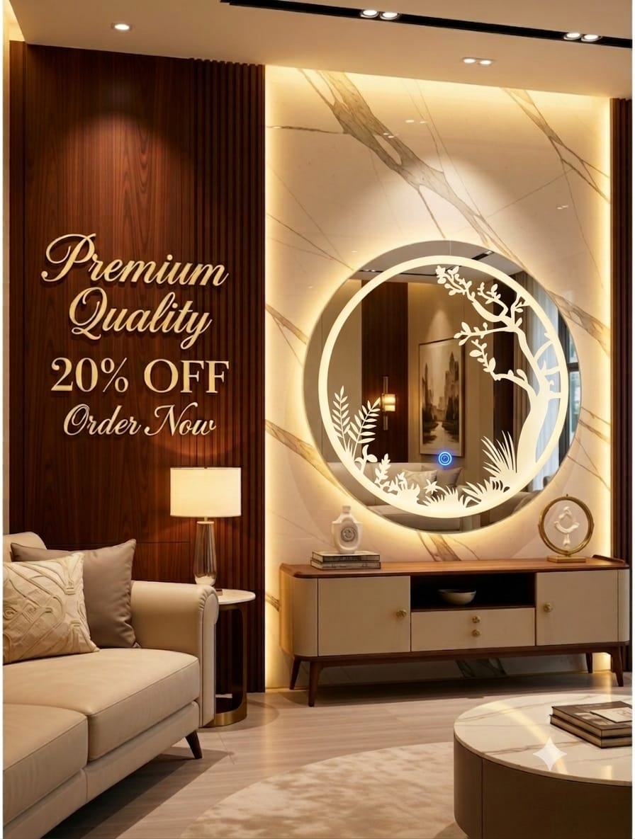 Luxury 2x2 Ft Dimmable Double LED Mirror with Touch Sensor | Round/Capsule Shape Wall Mirror | Warm White & Gold Light Glow