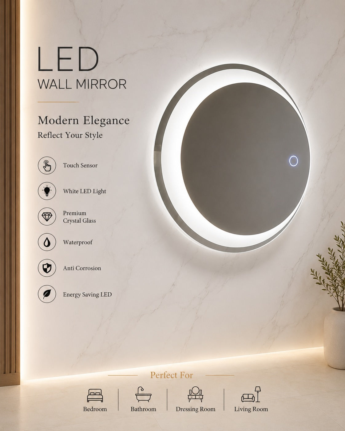 2.5 x 2.5 LED Wall Mirror – Double LED Dimmable | Warm White Touch Sensor Square Mirror