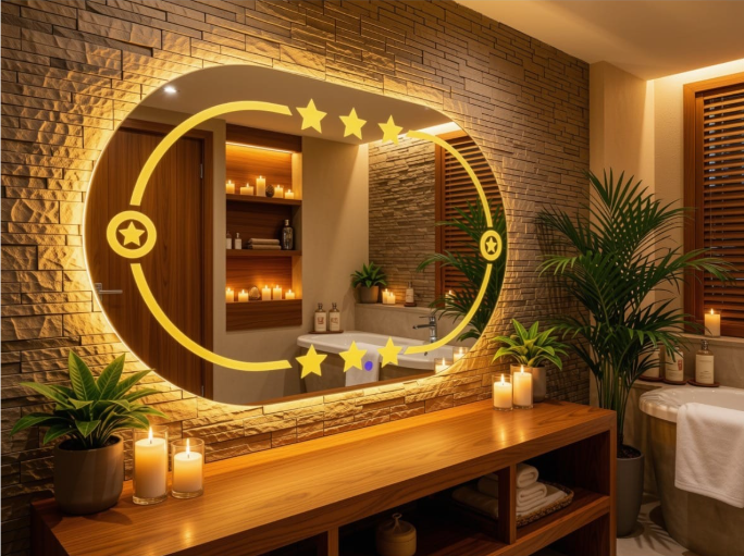 Luxury 2x3 Ft Dimmable Double LED Mirror with Touch Sensor | Capsule Shape Wall Mirror | Warm White & Gold Light Glow