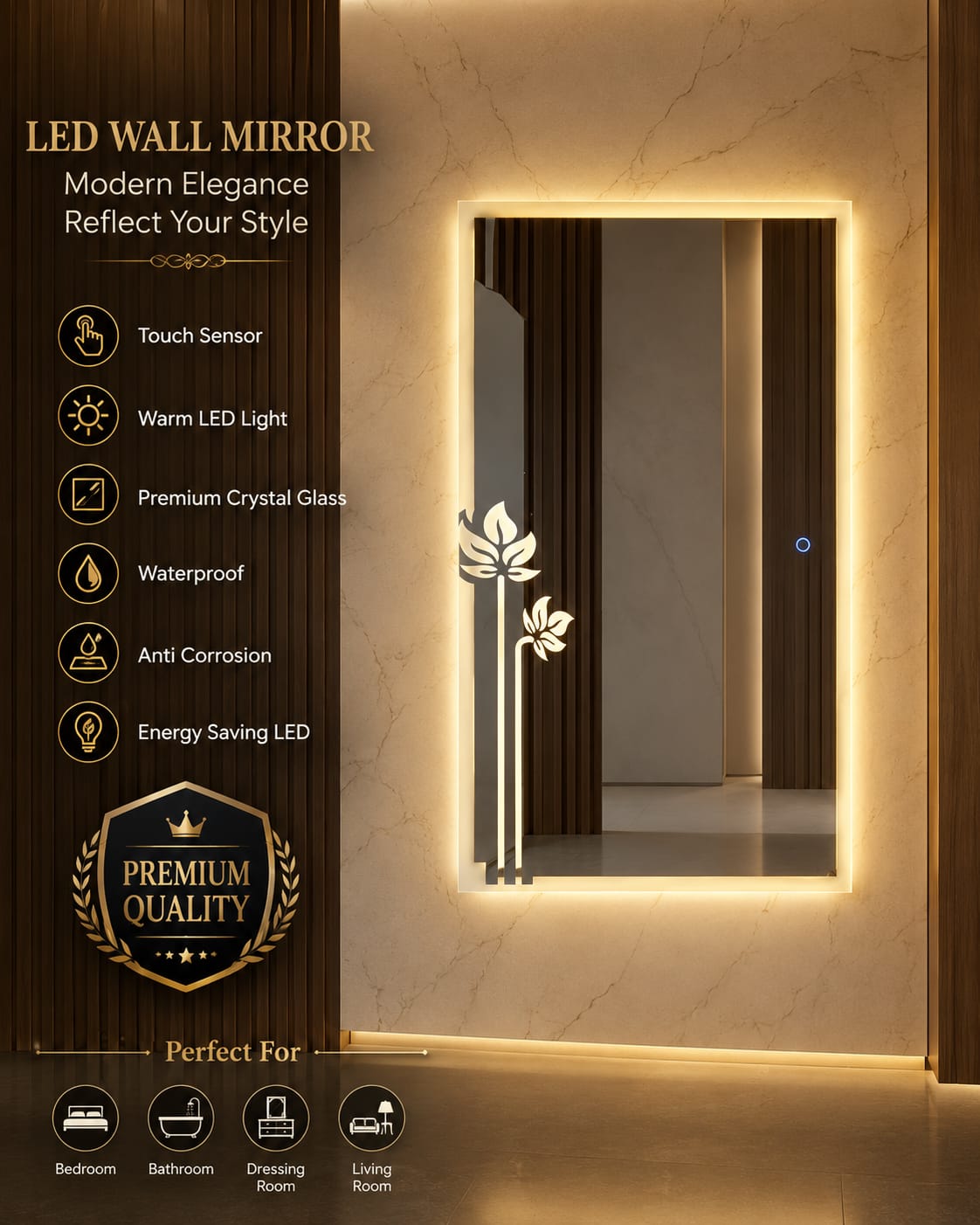 Luxury 2x2.5 Ft Dimmable Double LED Square Mirror with Touch Sensor | Wall Mounted Mirror | Warm White & Gold Light Glow