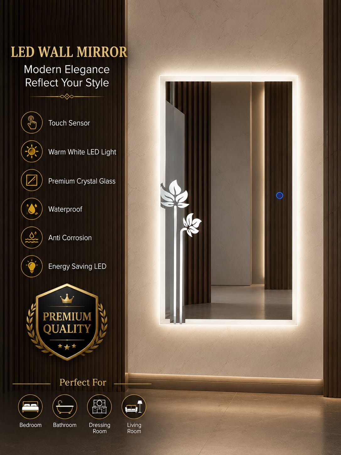 Luxury 2x2.5 Ft Dimmable Double LED Square Mirror with Touch Sensor | Wall Mounted Mirror | Warm White & Gold Light Glow