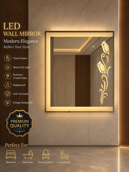 Premium 2x2.5 Ft Dimmable Double LED Square Mirror with Touch Sensor | Wall Mounted | Warm White & Gold Light