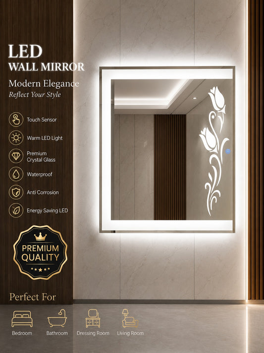 Premium 2x2.5 Ft Dimmable Double LED Square Mirror with Touch Sensor | Wall Mounted | Warm White & Gold Light