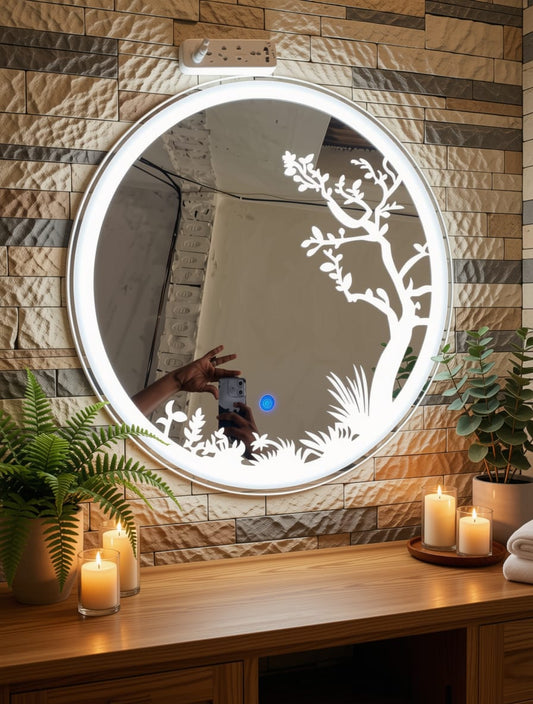 Luxury 2x2 Ft Dimmable Double LED Mirror with Touch Sensor | Round/Capsule Shape Wall Mirror | Warm White & Gold Light Glow