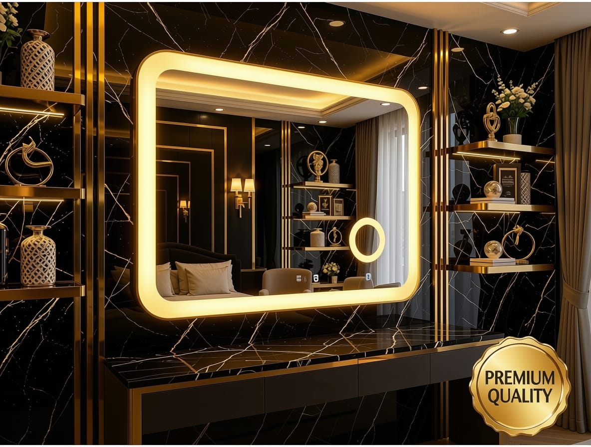 Elegant 2x3 Ft Dimmable Double LED Square Mirror with Touch Sensor | Wall Mounted | Warm White & Gold Light Glow