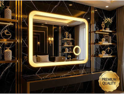 Elegant 2x3 Ft Dimmable Double LED Square Mirror with Touch Sensor | Wall Mounted | Warm White & Gold Light Glow