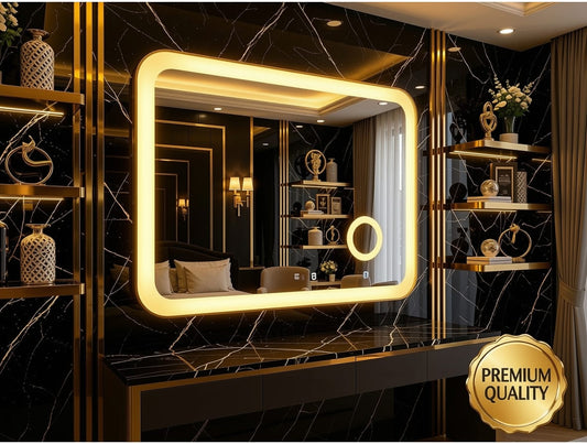 Elegant 2x3 Ft Dimmable Double LED Square Mirror with Touch Sensor | Wall Mounted | Warm White & Gold Light Glow