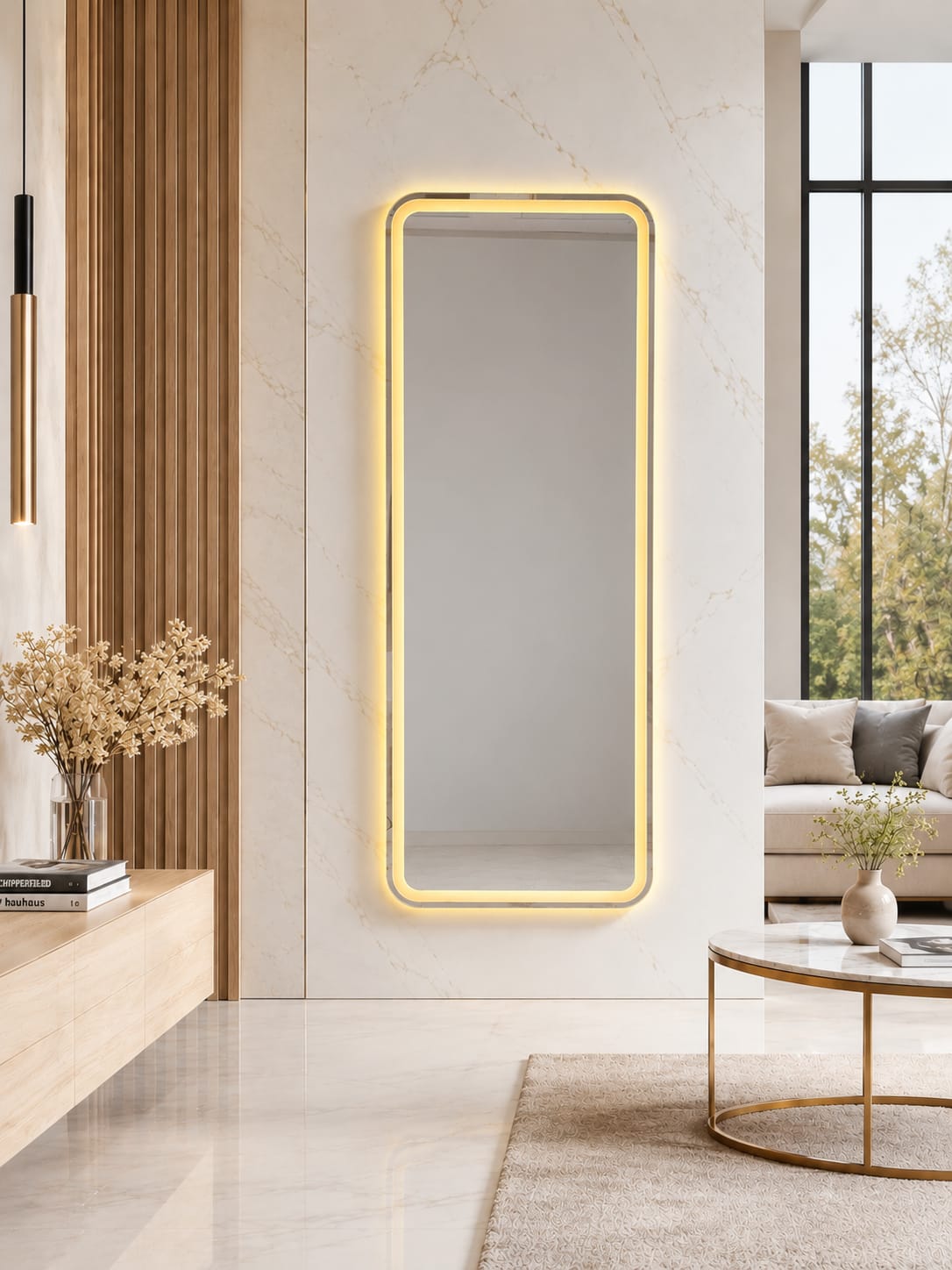 2x5 LED Dressing Mirror – Double LED Dimmable | Gold & Warm White Touch Sensor Wall Mirror