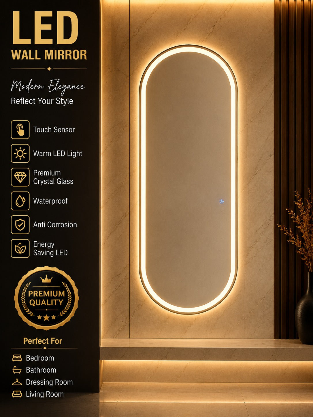 2x5 Premium LED Wall Mirror – Double LED Dimmable | Gold & Warm White Touch Sensor Mirror