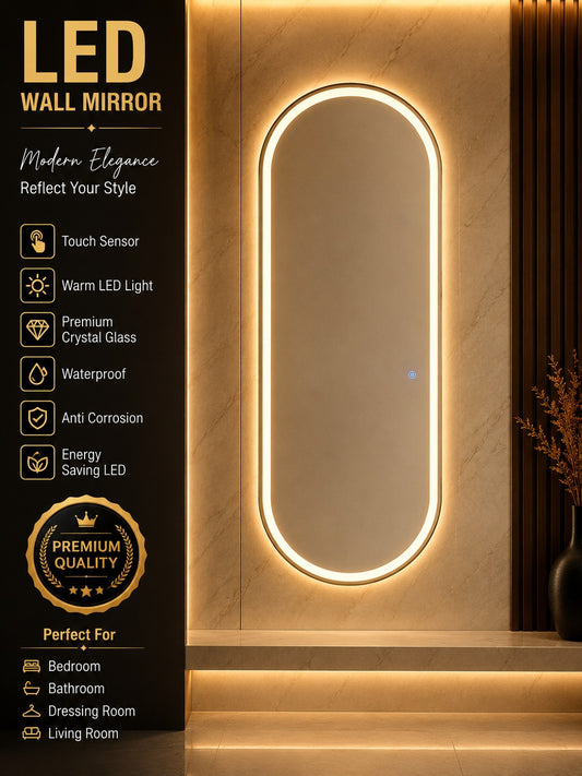 2x5 Premium LED Wall Mirror – Double LED Dimmable | Gold & Warm White Touch Sensor Mirror