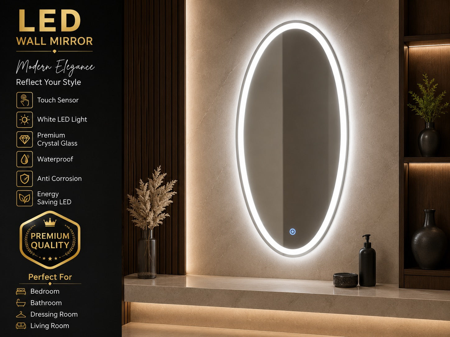 1.5 x 3 LED Wall Mirror – Double LED Dimmable | Warm White Touch Sensor Rectangular Mirror