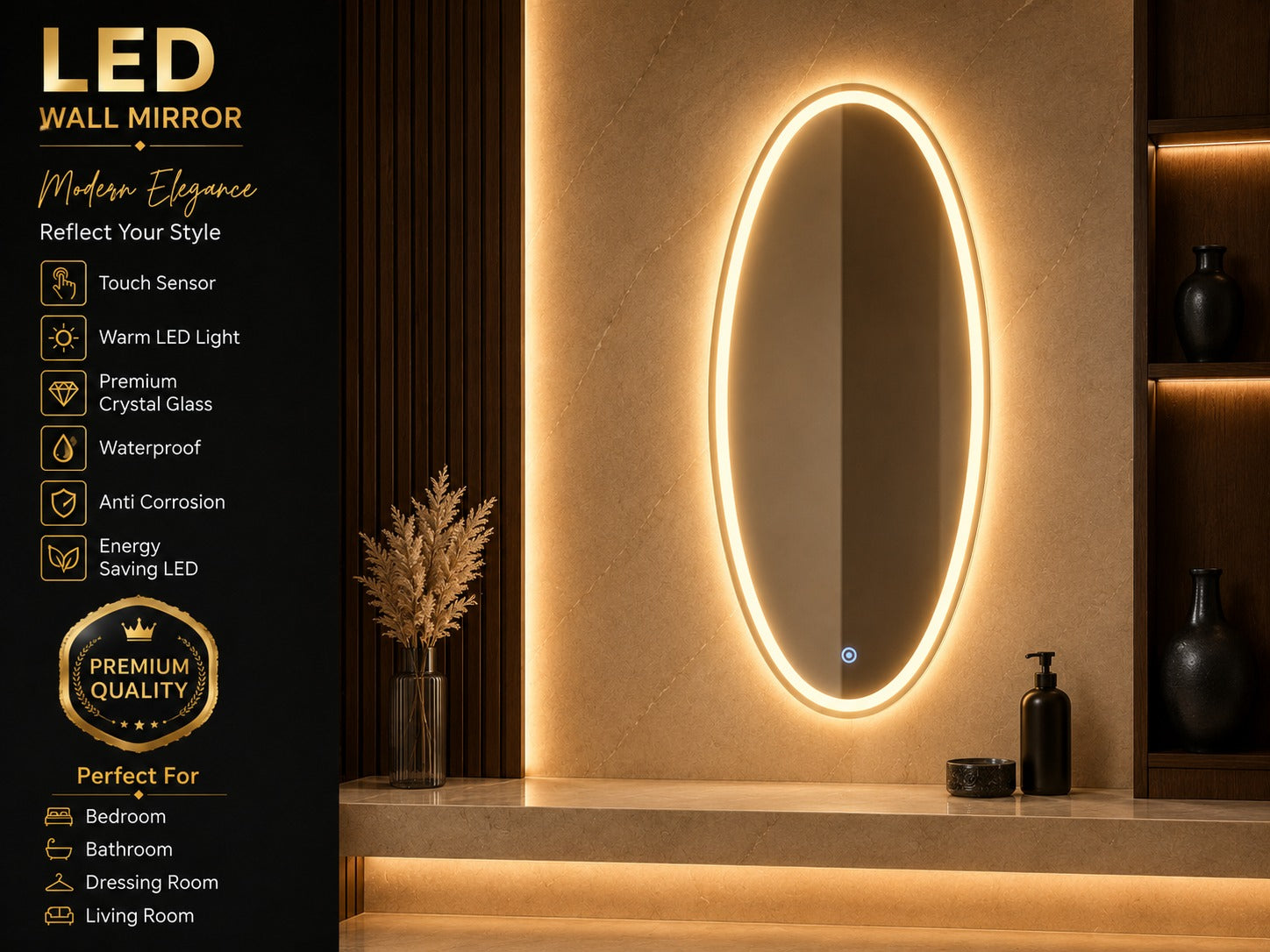 1.5 x 3 LED Wall Mirror – Double LED Dimmable | Warm White Touch Sensor Rectangular Mirror