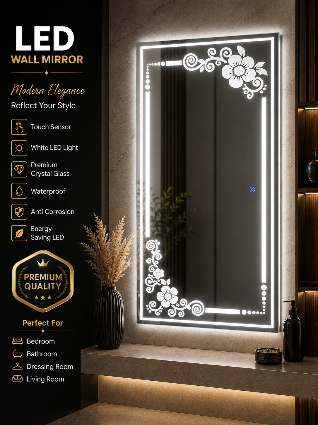 2x3.5 LED Wall Mirror – Double LED Dimmable | Warm White Touch Sensor Dressing Mirror