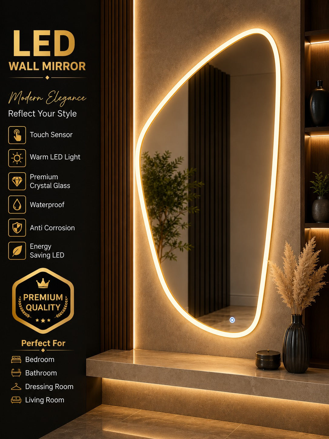 2x3 LED Wall Mirror – Double LED Dimmable | Warm White Touch Sensor Bathroom & Dressing Mirror