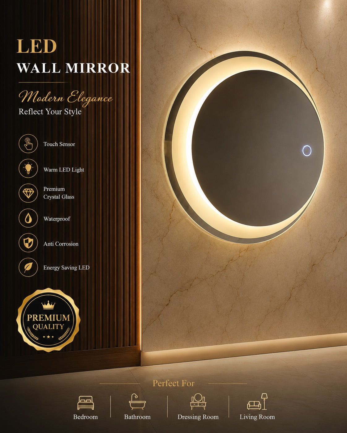 2.5 x 2.5 LED Wall Mirror – Double LED Dimmable | Warm White Touch Sensor Square Mirror