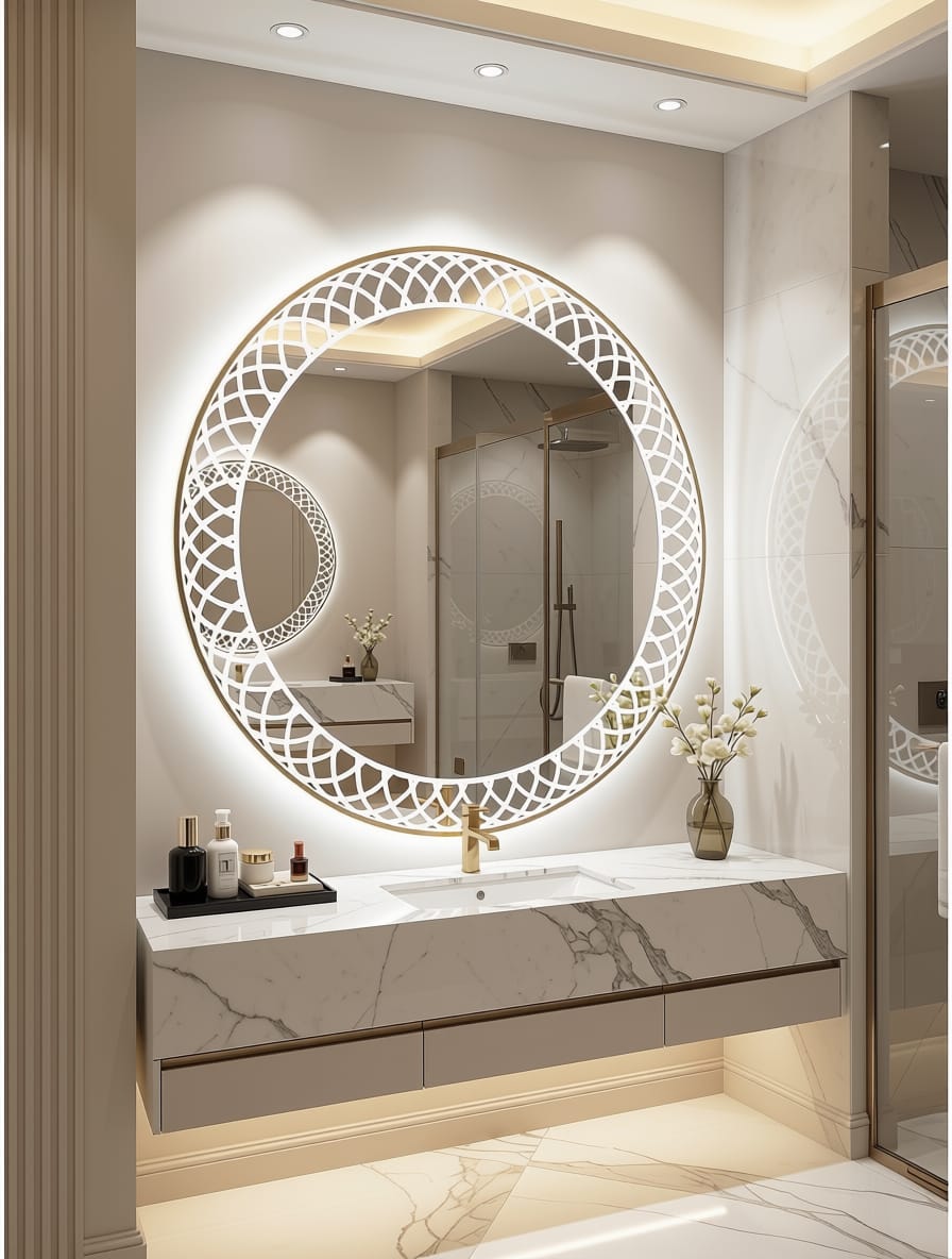 Elegant 2x2 Ft Dimmable Double LED Square Mirror with Touch Sensor | Modern Wall Mirror | Warm White & Gold Light