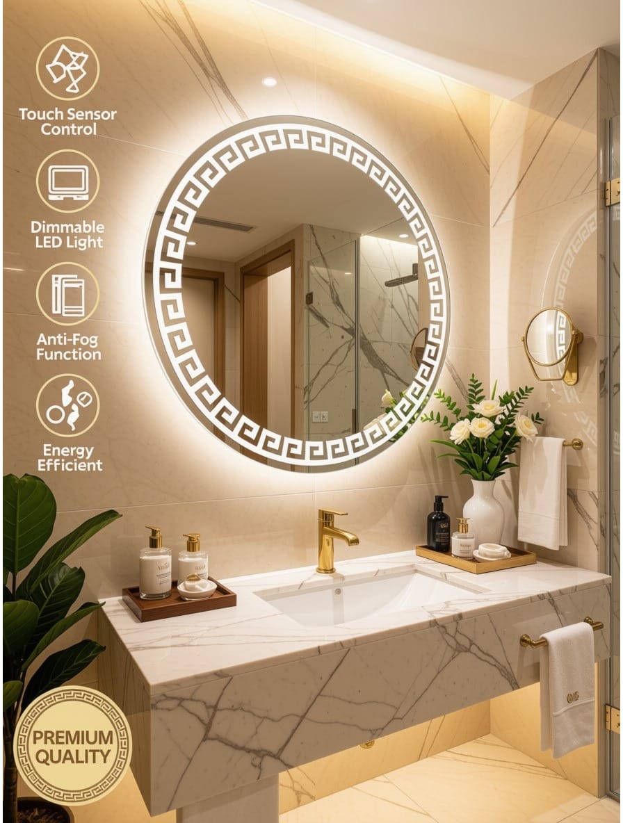 Stylish 2x2 Ft Dimmable Double LED Square Mirror with Touch Sensor | Premium Wall Mirror | Warm White & Gold Light Glow