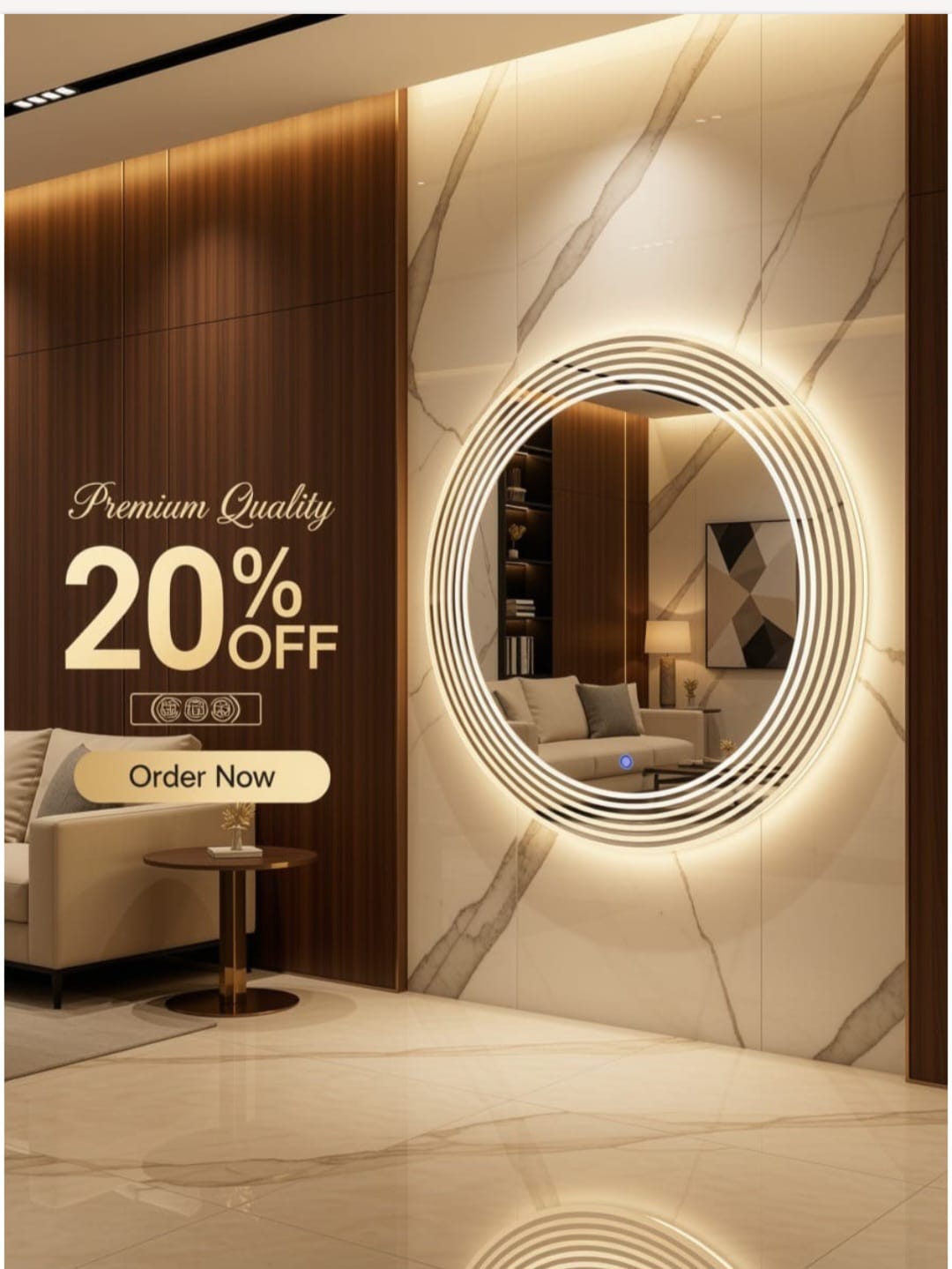 Luxury 2x2 Ft Dimmable Double LED Mirror with Touch Sensor | Capsule/Round Wall Mirror | Warm White & Gold Light Glow
