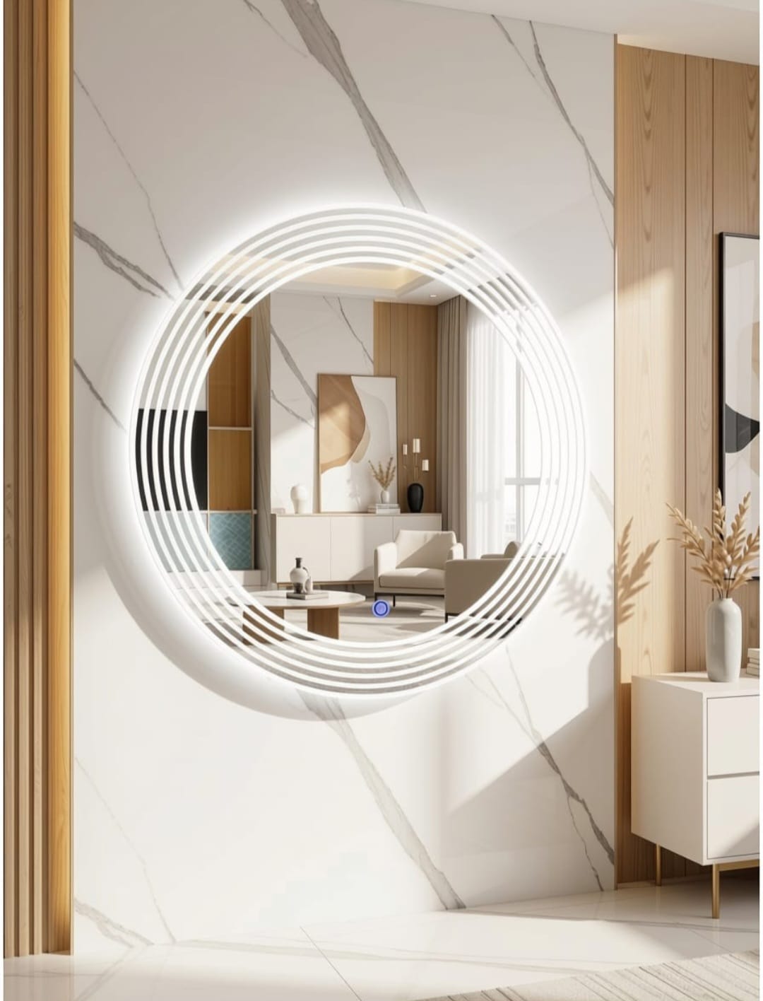 Luxury 2x2 Ft Dimmable Double LED Mirror with Touch Sensor | Capsule/Round Wall Mirror | Warm White & Gold Light Glow