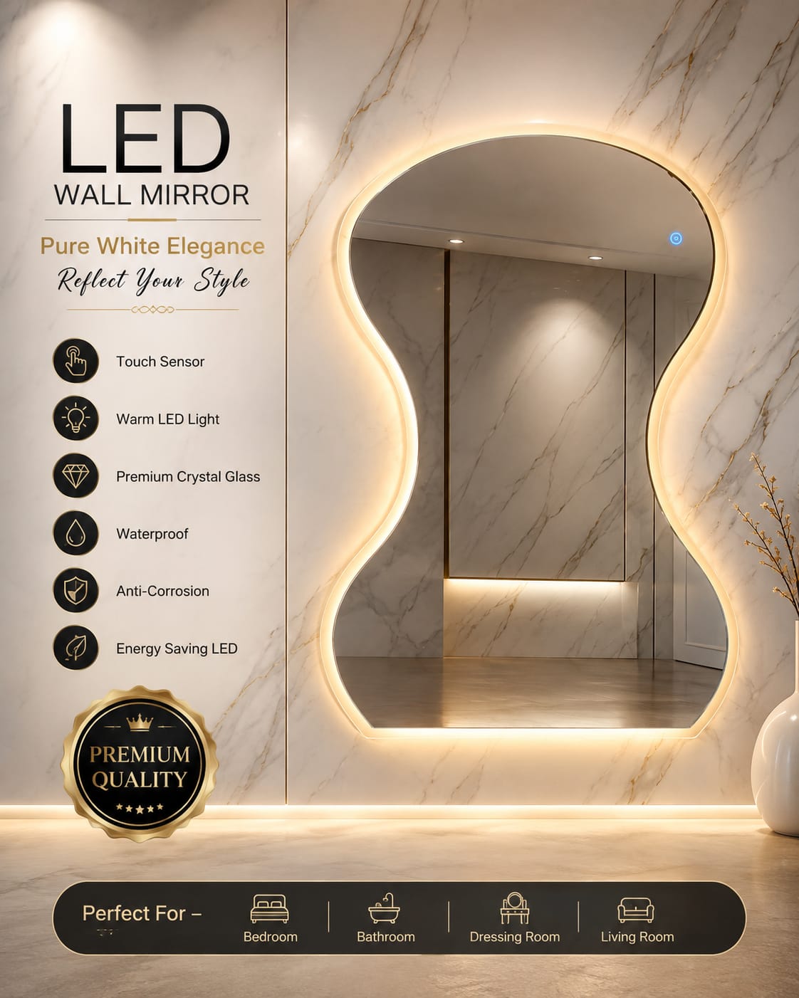 2.5 x 3.5 LED Wall Mirror – Double LED Dimmable | Warm White Touch Sensor Rectangular Mirror