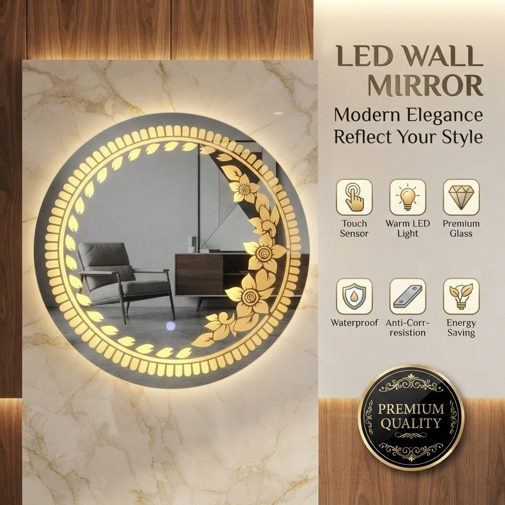 2x2 Round LED Dressing Mirror – Touch Sensor Dimmable | Warm White Light